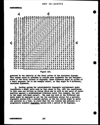 - - - - - - - - - - - - - - - - - - - - - - - -----------------
REF ID:A64554
~ ~
1 234 ABCDBPGBIJKLKIOPQRS!UVWXYZ
AWIRBGBIRALCTIOKPYBDPBJKQSUVWXZ
BBBBSBIRALC!IOMPYBDPBJKQSUVVXZO
CSGK!IRALC!IOKPIBDPBJKQSUVVXAOB
DTBCIRALC!IOMPYBDPBJKQSUVWXZGBB
BIODRALCTIOMPYBDPBJKQSUVWXZOBIR
PBUPGLCTIOMPYBDPBJXQSUVWXZOBKRA
GOAJBCTIOMPYBDPBJKQSUVWXZOBIRAL
BBRLOTIOMPIBDlBJKQSUVVXZGEIRALC
IOBMUIOMPYBDPBJKQSUVWXZGBIRALCT
JUKPAOMPYBDPBJKQSUVVXZGBRRALC!I
KACQRKPYBD1BJKQSUVWXZGBIRALCTIO
~ LRDVBPYBDPBJKQSUVWXZGBIRALCTIOM
~ MBPXKYBDPBJKQSUVVXZOllRALCTIOKP ~
BKJYCBDPBJXQBUVWXZOBIRALC!IOKPY
OCLZDDPBJXQSUVWXZGBBBALC!IOKPYB
PDKVPPBJXQSUVVXZOBIBALCTIOMPYBD
QPPBJBJXQSUVVXZOBBBALCTIOMPYBDP
RJQSLJKQSUVVXZOBIRALC!IOHPYBDPB
SLV!MXQSUVVXZGBIRALC!IOKPYBDPBJ
TMXIPQSUVVXZGBRRALC!IOKPIBDPBJK
UPYRQSUVVXZOBRRALC!IOMPIBDFBJKQ
VQZOVUVVXZGBIRALC!IOMPYBDPBJKQS
VVWBXVWXZGBRRALCTIOMPYBDPBJKQSU
XXBOYWXZOBBRALCTIOKPYBDPBJKQSUV
YYSUZXZGBIRALCTIOKPYBDPBJKQSUVW
ZZTAVZGBBRALCTIOMPYBDPBJKQSUVWX
Figure l2'1·
gonrned 'b7 the iaentitJ' ot the tiz'•t letter ot the plain.text disr•t>h·
!l.'hi• •cb.eme could be extended to iml.ucla more alphabets tor the encipher-
•nta of tbe fir•t letters of digrapba; these alpha.beta migb.t be slide• of
a baaic sequence (aa in the example abon) , or the7 might be R ditterent,
unrel.ated. alpbabata.
b. Another qsta tor palJal:pb&betic 41graph1c anc1phermnt might
iucmiorata a 26z26 table such u tbat abovD in Pig. 128; tbe coorclinatea
in this cue are vr1tten. on atripa vhich .,- be al.id to &IV' point ot .1uxta-
poait1on. ap.inat a pn4etenine4 reterence point (tor anmple, the call
iD. the upper left-bald COl'DllZ') • The .._ DJ' word or tvo ditteran.t ke)'
vorda might be apl.CJ18Cl to aet the tvo coorcliD&te atripa f~ a periodic
tigrapbic a19tma v1th a 11111.ted period; or t'be two atripe might be awed
one position at a Um, to )'ield vhat tor &11 intents and pzrpoaea ia a
progreaaiva alphabet 41p!pb1c 11)'8ta1L vith a period. ot 26 digraphs.
..
...
 