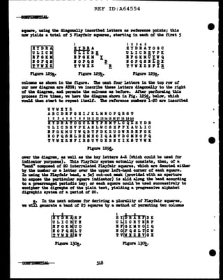 REF ID:A64554
lquare1 Ul1Dg tha c1:1agoaall.J' 1ucri'be4 letterl U Nferellce polntai th1a
DOI' J1eJ.'1a a total. ot 5 Pla7fa1r aquarea, •tarting in each ot the ft.rat 5
1 1 2 3 4 5
ll?DBj HYDRA ll?DBA'!OGC
ULICB ULICBH ULICBHVPK
B J' G Jt K BJ' G Jt K -y BJ'GKKU!VQ
-D
llOPQS llOPQS
-. IOPQSBLDX
'!VVXZBJ'IB
!YVXZ TYVXZ
- -
:npn~.
- P1gare 12~.
- figure 129!.·
col,... u abolm in tbe t1pre. Die next tour lettera in the top row ot
our DW 41agraa are A'!OG; n iucri'be tlle1e letter• diagonal 17 to the right
ot the 4:1.agna, an4 permte tbll col.'IJlllD8 .. baton. After -pertond.ng thi•
p!'Oeela fiva tilm, we haft tbe cliagraa llhovn in Fig. 129!,, bel.olr, which
woal4 tb8ll atart to repeat i taeJ.f. Die :reference numbers l-20 are inacr1be4
UVVXIZ
ABCDBJ'GHIJKLKIOPQBS'l
1 2 3 4 5 6 'l 8 9 10 11 12 13 14 15 16 l'l 18 19 20
BYDBA'lOGCZiYPBiTLCQZHYDB
ULICBHYPJtABLVCSHJ'PXAULIC
BJ'GJtKUYVQB'!PDKZUOVBBBJ'OJt
IOPQSBLDXMHOIQABVDCKHOPQ
'!VVXZBPIBSUVGXBIYIKS'!VVX
l'1gme 1291.
-
Oftl" the 41.agra, u wll u tlaa kq letter• A..Z (vbich could be uaecl for
1mlicatar purpoaea). 'l!d.a Pla7fair a;yatem ac'li1all1' CODSiata,, then,, of a
"blm4• cmpoaea. ot 20 interrelated P1aJta1r aquazrea, vbich are &moted either
bJ' tha mmber or a letter Oftl' tbe upper left-han4 eGl"D81' of each square.
ID ming the~ 'baml,, a 5x5 cut-out ..k (pron.a.a. with an averture
to expoa tbe particular squan 1.Ucator) i• al14 along the baD4 according
to a pre&ft""Dpc pario41c lmJ'; or eacb aquaze coul.4 be used auccesaive~ to
ac1'Plm' the cU.gra'(lba ot the -pla1ll tut, J"iel.cliug a progreaaive al.11babet
41gra-pbic a19tea ot a period ot 20.
e. In the next achelm for deriri.11& a pluraJJ.t7 ot Playta1r aquarea,
n w1ii. gemrate a 'ball4 ot 25 aqmzea 'b7 a •thod of l181'1111t1ng tvo col.um&
l'1AU1'8 ~-
-
cwum&&f.l A
I
B 1' D Jt
ULICBYIBP
Bl'GKKUOIQ
HOPQSLTCV
'!VWXZBVGX
Figure~-
-
~
 