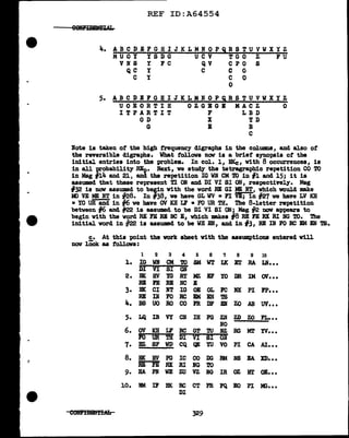 REF ID:A64554
i,.. ABCDEFGHIJKLMNOPQRSTUVWXYZ
MUOI YSDG UCV TGO Z FU
VNS Y FC QV CPO S
QC I C C 0
C I C 0
0
5. A B C D E F G B I J K L M N 0 P Q R S T U V W X Y Z
UOEORTIH OZGBGB MACZ 0
ITPARTIT F LBD
OD X TD
G I B
c
Bote is taken of' the high frequency digraphs in the colWllD8 1 and also of'
the reversible digraphs. What follows now is a brief' synopsis of' the
initial entries into the problem. In col. 11 BKc, with 8 occurrences,, is
in all probability REo. Next, ve stud.1' the tetragraphic repetition CO ro
in Msg #14 and 21, and the repetition IG W.N CM m in #1 and 15; it is
assUMd that these represent Tl ON and DI VI SI ON, respectively. Msg
#32 is now assumed to beiin with the word .RE GI ME NT, which would make
II> VE ME NT in '/128. In f38, ve have GL WV • FI VB; in #27 ve have LY KB
• YO UR and in #6 we have tJY ICH IJ' • FO UR TH. The 8-letter repetition
between 16 and *22 is assumed to be DI VI SI ON; Mag 12 now appears to
begin with the word RE FE BB NC EI which DBkes #8 RE FE RX RI NG ro. The
initial word in /,.'-22. is assumed to be WH EN, and in #3, RE IN FO RC EM EN '1'6.
c. At this point the vork sheet vith the assumptions entered will
now look as f'ollova:
l 2 3 4 5 6 1 8 9 10
1. IG wn CM m SM WT LK ET RA LN•••
DI VI SI °',
2. BK HV m RT MZ BF YO DR IM av•••
REFERENCE
3. me CI NT IG OE OL FC me PI FP•••
RED FO RC IMEN TS
4. BS UO RO CO FR DF EN ZO AB UV•••
5. LQ IB VY ClJ IH FG Z?I ZD ZO FL•••
NO
6. OV KH IJ' RC GT TU NZ BG MT YV•••
10 UR TH DI VI SI ON
7. BZ SF WD CQ QE YU VO PI CA AI•••
8. me HV PG IC CO DG RM NS EA XD•••
RE FE RX RI :NG 1'0
9. BA P.N WE ZU VZ NG IR OZ HT OE•••
10. NM IF BK RC CT FR FQ EO PI m•••
DI
329
 