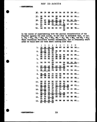 REF ID:A64554
GQ&'iBBlfftMi
36. BR IB HI .AM BU DA ox YD IM ov•••
37. BK m NC vs OB XB GE XO oz PN•••
RB EM
38. GL WV YG DC BO CD RL ZD zo FL•••
FI VE Bi GI ME NT s
39. GL AQ SN n BI cu NZ LC KP PK•••
FI ON
4o. LQ KZ uo RO BI CT NZ KB Ill TX•••
OH
In the course ot experimentiag with the -partial reconstruction of the
Pl.aytair squares tor each cul.UDm, we a:re able to determine that, in col.
4, COc • Tlp, CNc • '1Bp1 NCc • RTp1 DSc • -Rp1 VSc • &Np, and ROc • Nlp•
'lbese recoveries facilitate turther assumptions, and in reasonably short
order we would have our work sheet lookiag like this:
1 2 3 4 5 6 7 8 9 10
1. IG WN CM 'ro SM WT LK ET RA LN•••
DI VI Sl ON
2. HK RV YG RT MZ EF YO DR DI ov•••
RE FE RE NC E
3. BK CI NT IG OE OL FC NX PI "l'P•••
RE IN FO RC
• EN TS
4. BS uo RO co FR DF
• zo AB uv•••
TI
5. LQ IB VY CR Ill lG ZN ZD zo PL•••
m NO
6. ov KH u RC GT 'ru NZ RG MT YV•••
FO UR TH DI VI SI ON
7. HZ SF WD CQ QB YU VO PI CA AI•••
8. HK RV PG IC co DG RM NS EA XD•••
RE FB RX RI NG TO
9. HA PN WB zu vz NG IR oz HT OE.••
10. NM IF HK RC CT FR FQ EO PI MG•••
SE ND AD DI TI ON AL
11. me LK ZL Yr VD UC OD 'lB AB CI•••
RB QU IS TA RT IL LI RY
12. BT zu .NB Fr OF ZL RG IR PI xv•••
EN DI yp AT RO L
13. UN FL BH NC UC zu cs IX DZ cz•••
BE AV YA RT IL LB RY
14. QP PB co 'l'O DE uo zo BX m D •••
PO SI Tl ON
15. IG WH CM TO NG BM CJI UE NQ NP•••
DI VI SI ON
331
 