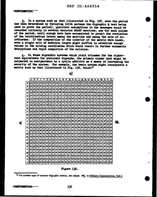 REF ID:A64554
CQiJIDUTDL
!!.• In a &)'lltem auch a.a that illustrated in Pig. 128, once the p1riod
ha.a been &tte:rmlned by t&ctoring (vith perhaps the digra.phic +teat being
used to prove the period), plaintext a.aawaptiona in tbe •••ages would be
recorded initia.lq in several skeleton 26x26 •trices, one f'or ea.ch colum
of the period, until enough data have accumulated to perm1.t the revelation
of the relationships latent amng the •trices am. IUll)llg the aeta of co-
orclinates. lf the cmapoaition of the interior of' the mtrix were known,
nen a single crib of moderate length :might sutn.ce to estab1iah enough
Tal.uea in tba sliding coortina.tes wbichvoul.d result in turtber a.u~tic
cleceyptiona and rapid campl.etion of the solution.
!:.• In thoae digraphic ayateJllll wh1.ch ;rield trinams for the ci-pher-
text equiTBl.enta tor plaintext digrapba, the primry cipher text :might be
aubJected to enciphermnt bJ a cJClic ad.ditin a.a a •a.ns ot increasing the
securit1 of the s19tem. For example, the basic system might incorporate a
•trix auch a.a that illustrated in Fig. 132, belav:ll
·~
IJ up I T E RAB c D F G HK l MN 0 Q s v w x y z I
v DOl oae 003 cm 005 006 DOT 008 00!1 Cll.O Oll. Dl2 013 m.i. 015 Cll.6 017 018 Ol9 OIO Clll Clli!2 023 • CXl5 Cl26
E cer Olll Clll!I 030 031 031 033 113' 035 036 on 038 03!1
* °'1. Olla ~3
°"'~ oll6 ~T °'8 ~ 050 051 0'2
N 053 o~
°"0'6 05'f 058 0'9 CEiO 061. o6ll o63 ~ 065 066 067 a68 o6!I O'IO O'fl. Cl'lll 073 GTlo 075 016 arr 11'!8
u OT!I 080 oB1 alll! oB3
-CJ85 Oll6 OllT Oll8 o8!I O!ID ca O!ll O!l3
-095 096 0!7f 11!111 O!l!I lOO 101 10I 1113 ~
s 1115 106 1117 108 111!1 110 ll1 1l2 llJ lull 115 116 117 1lB l1SI 1811 111 1111 l.13 lM 12.5 l.16 lll'I' 11111 l.19 130
A 131 lJll 133 l3' JJ5 JJfi JJT JJ8 JJ!I 1'0 w. HI "3 ~
"'l'6 "T "8 ~ 150 151 l'2 153 ~ 155 1'6
B 157 158 159 160 l6l. 1'11 l63 lA 165 166 167 168 169 170 171 1'12 173 l~ 175 l"/6 177 1'18 179 180 181 l8I
c 1113 .la l.85 lllti lB7llllE 189 190 191 lSI! 193
-195 l96 1!7r 198 19!1 2llO ICll
-203
-ID5 ID& IDT IDB
D ID!I llO Ill: 212 113 m 115 216 21.T IDB IDS 2ID 221. 11111 113 IM 1!85 lllil6 1111!'1' 21!8 l!l!9 230 131 231 233 2~
F 23' 236 237 2311 239 Mo
* ...M3
'"
.,.,llli6 MT MB M!I 2511 1151 .,.253 ~ .,,2'6 157 2'11 1159 ll60
G ll6l 1611 1163 • 165 1166 167 11158 1169 2'IO 2'11 I'll 273 17i. l'l'5 216 irrr 1178 IT9 l!llO 1!81 1111 11113
• 11115 21!6
H 1117 1!88 11119 2911 ll9l 11911 293
-2515 1196 29l ass 251!1 ]OD llCll 3'lR 303
-3D5 306 301 3DB 309 3111 3l1 312
I 313 3" 315 316 317 318 3l9 3llD 31!1 311 313
-31, 3116 ,,,., ]18 319 33D 331 331 333 ~ 335 Di 337 338
J 339 3liO
"'
,..~3 3"" ~ 3li6 ~T 3MI ,,.,350 351 3'2 3'3 3~ 3'5 3'6 357 358 3'9 3611 361
-363
-
K 365 3fi6 367 368 ~ 3'IO 3'fl 3'111 373 n' 37, 316 m 3'18 379 3llO 3111 3111! 3113
-~ 3116 3117 3811 311!1 390
l ,.3lllll 393 3gr. 39' 396 3!7r 3S8 3!1!1 liOO li01
-~3 lioi. ~5 ll06
"°"
~ q lilo liU. Im "13
""" "'15 '16
M ld.7 llol.8 i.i,9 ...,
-..lie3 ........,.......,....,i.30 1"31 i.31 i.33 ~ "35 i.]6 i.n i.311 i.351 lillo lilll. ..
0 i.i.3 .,.,. ,.,., Wi i.i.1 WI ~ ~ i.51 ,.,.,.,,,.,,."55
""'"""
i.511 ~ li60 '61. 11611 li63 I.a
"'
'66 1167 liQI
p li69 i.10 i.71 ,.'Ill ltT3 ,.~ i.75 ,.'16 i.n i.'18 ~ li80 '81.
-1183 IA
-li86 '8'f
--li89 ll9D
-• "93 ~
Q .95 liS6 li9'I' la9B ~
'°° 501 511! 503 ~ 505 506 'Pl 51111 5119 5111 511 511! 513
'"SU 516 517 518 '19 ,.,
R ,.511 5113
-'25
-511'1' 5111 '2!1 530 531 5311 ,33 ,,,.'35 '36 537 ,311 '39 5liO ,i.i. ,.,i.3 ,,.,. ,,., 3li6
T ,i.7 ~ ~ 550 ''1 5'2 553 ,,,.
'" 5'6 5'7 5511 55!1 '60 561
-'63
-"''66 56'1 568 '6!1 570 '71 572
w m ~
,.,, 576 m '78 '79 5llD 5111
-583
-585 5116 '87 5118 5119 590 5 '911 593
-'95 596 m '911
x 5!1!1 liOO 6m. 6al 6o3 6cJll;
'°'6o6
""'6o8 609 61o 61.l 6111 613 6" 615 616 61.T 618 618 &ID filll 6111 6113
-
y .,6116 ,.,618 6119 630 631 631 633
""635 636 63'1' 6311 639 6'o 611.1. 6U 6i.3 6'i.
"'
M6 6i.T 6118 a,
"°
z 6'1 651 653 ~ 655 6'6
"'6511 65!1 66o 661 661! 663 a
"'666 68'r 668 66!1 Bro 671 6'111 6T3
""675 616
Figure 132.
11 For another type of tnnome-d!graphic system, see subpar. 6~, in Military Cryptanalyucs, Part I.
336
 