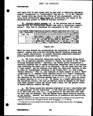 ..
REF ID:A64554
once again that he must al.va.ya keep an open mind in explaining phenomena,
however "incongruous" or "ineXplicable" the)r my be. It is the "improba-
ble" system which my resist the efforts of the cryptanalyst, Wltil he
casts aside preconceived ic!-'es fixes and rationalizes the causes of the
manifestations present to reach an ul.ti•te solution.8
97. Periodic Baudot syste•·-""!.· In the previous text ve became
ta.mtliar with the international. Baudot code used in teleprinter cormmmi-
cation.9 This code is reproduced for convenience in Fig. 137, below:
UPPER I£ATt£R SYMBOLS
••o , 3 1-
".B II'
-' .•t fl I 4n 5 7 CD 2 I 6 + - ( - ......
CASE I COMMUNICATIONS ? : $ 3 I a.£ 8 '
( I • ~ 9 1' I 40 5 7 ; 2 I 6 • ll (
:1
......
"1
ii
LOWER CASE A B C D E F G H I J K L M N 0 p 0 RS T U vw x y z !·~ II:!!!
.... ~ ...
I
•• ••• •• • • • •••• ••
, • • • •••• ••• ••• • ••
3
• • •• • •• •• • •• •• ••
4
••• •i• •• ••• • • • • ••
5
• •• •• ••• • ••••• ••
Figure 137•
There are ED1' mthods tor accomplishing the enceyption of teleprinter
signals, ranging f'rom prim:ltive avitch1ng devices )'ielding nothing mre
than a simple substitution, to systems involving complicated apparatus
producing encrnted signal.a of great aecurit7.
b. The first encrypted teleprinter s7atem was invented during World
War I-by an .Amrican engineer, Gilbert s. Vernam, vho called it the "Ci-pher
Printing Telegraph System. 11
Basically, the Vernam system incorporated a
spec1ally prepared tape of random teleprinter characters used to key another
tape containing the pl.ain text to be encrnted. The two tapes were fed into
a "tape reader", and the impulses from these two tapes were combined b7 what
is known as "enci'(>herment according to the Vernam rule", or, more simply,
''Baudot addition." Tbat is, like impulses or baud& combine to form a "m.rk"
(symbolized b7 +), whereas unlike impulses result in a "space" (symbolized
by -) • Por example, if the character on the keying ta-pe is -++-1·- (• C) and
the character on the pl.ainte.xt message tape is++--- (•A), then the result
b7 Bauclot addition is -+--+ (• L). Ot course, by a simple mcd1fication of
the electrical circuit, the rule ot ac1dition could be changed to one where
like baucla produce a apace ancl unlike baucla a mrk; but the general nature
ot Ba.udot ad.d1tion remina the aama.
c. The Vernam system was designed originally to use a long ke)'ing tape
ot at>P'roxinate~ 100,ooo characters. If the tape were actuall.J' ranclom and
if it vere used only once (i.e., it no portion ot the tape were ever used
for more than 0De JleSS&ge) I then theSystem vouJ.d impart &b&olUte Security
to the traff'i.c. However, the practicability of production and distribution
8 In this connecnon, the student would do well to spend 60 seconds In meditanon on the quotation from
Aristotle on the back of the utle page of this text (from the~. i. 2. 9, 1253 !).
9 At tlus point it u recommended that the student review the material covered 1n par. 56 of Military
Cryptanalycics, Part I.
 