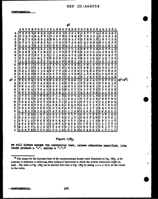 REF ID:A64554
&2-
ABC DEF G HI J KL MN OP QR STU V WX Y Z 34578
A 7GFR CBQS3NZ K5YHDIW9XTVPLJEOAMU
B G7QTOHAF8LPJSYEKCWMDVUR9N3Z54BIX
C FQ7UKAHG3SEML4POB9JVDTXW58INYCZR
D RTU739WXK4I5YSZ8VANBCQGHMOEJLDPF
E 40K N YURCWXFBQPJ ZI8LMHTDAGEVS
F CBA9N7QBJI ZEY5GU3XRWVTOMSKPFLD
G BABW5Q7CMZY3IP4NFT8RX9DUKJLOEGSV
B QFGXYBC7L85I30N4AVZ9WRUDESMPKBJT
I S83KUJML7FDBGRVTZ:NAPEOY5WQC9XIB4
J LS4RIZ8F BQUWXMEC NYOPVGADTJHK
K NPEIC Y5D97XWAQBOSR 3ZMLGVUFHKTJ
L ZJM5W83IHBX7CVR9SOQ4YNEKUAGTDLFP
M 8SLYXZI3GQWC7T9RJPBN54KEDFHVUMAO
N KY4SFEPORUAVT7HG5IDMJL8ZBX9CQNW3
_, Op E P Z BY 4 .fl V W QR H C KL X 8 I JS FD T GA 0 UM
~ YKO Q5N TXB9RGC7EMWIZ3SJAUVBFPDL(9~~)
Q BCBVPGFAZMOSJ5KE7XLUTD9R4I8YNQ3W
R DW9AJUTVNESOPILMX7KGFHBQ8543ZRYC
S IMJN938ZACRQBDXWLK7Y45POTHFUVSGE
T WDVBZXR P 84NM IUGY CAFSEOLJTKH
U 9VDCIRXWEN3Y5J ZTF Q7BHGLPKSMUOA
V XUTQ8W9ROYZN4LI3DH5CB7FAJKPMSVEG
W TRXGLVDUYOMEK8JS9BPAHF7CI45Z3WNQ
X V9WBMTUD5PLKEZSJRQOFGAC73NY8IX4B
Y PN5MHOKEWVGUDBFA48TSLJI379XQCYRZ
Z L 80TMJSQGVAFXDUI5HEPK4N BWRZCY
3 JZIEDSLMCAUGH9TV FOKP5YXB7HW3QN
4 E5NJAKOP9DFTVCGHY3ULSMZ8QWR7B4XI
5 04YLGPEKXTHDUQAFNZVJMS3ICRWB7598
7 ABCDEFGHIJKLMNOPQRSTUVWXYZ345789
8 MIZPVLSJBH'rFAWUD3YGKOENa.RCQX9875
9 UXRFSDVT4KJPO MLWCEHAG BZY~I8q
..._m....;;__...;;;.i~--...----...-..-....;-.---.;;.;.r,;;....----..-..-....;;--.~..-....---...........-...---....-...
l'igure J.3~.
we w1ll alVB.)'8 assume the connntion that, unless otherwise SP1cif'ied, like
baU&ls produce a "+", unlike a " - ".13
13 The reason for the inclusion here of the complementary Baudot table illustrated in Fig. 138b, is for
purposes of reference in following other technical tteatments in which the mverse convenuon might be
used. The table m Fig. 138!!_ can be derived from that in Fig. 138_! by adding +++++ (= 8) to all the values
In lb.at table.
 