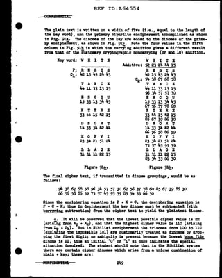 .....
'I
REF ID:A64554
The plain text is written on a width of' fiYe (i.e., equal to the length of'
the key word), and the primry bipartite enciphermnt accomplished as ahovn
in Fig. 91&. The dinomes of' the key are added to the dinomea of' the prim-
ey encipberment, as shown in Fig. 9lb. Note the f'our values in the f'itth
colU11111 in Fig. 9lb in which the ca.rr71.ng addition gives a different result
froa that of' the C'usto-.ey cryptographic noncarrying (or :md 10) addition.
Ke;y word: W H I T E
P: R E S I S
C1: 42 15 43 24 43
T A I C E
44 11 33 13 15
E N C 0 U
15 33 13 34 11-5
N T E R E
33 44 15 Jt2 15
D N 0 R T
14 33 34 Jt2 44
H 0 F V I
23 34 21 51 24
L L A G E
3131u2215
Figure 91!.•
AdditiYe:
W B I T E
52 23 24 44 15
R E S I 6
42 15 43 24 43
94 38 67 68 58
T A I C E
44 11 33 13 15
96 34 57 57 30
E B C 0 U
15 33 13 34 45
67 56 37 78 60
N T E R E
33 44 15 42 15
85 67 39 86 30
D N 0 R T
lit. 33 34 112 44
66 56 58 86 59
H 0 F V I
23 34 21 51 24
75 57 1,.5 95 39
L L A G E
3131u2215
83 54 35 66 30
Figure 91b.
-
The final cipher text, if' transmitted in dinome groupings, would be as
follows:
9'f. 38 67 68 58 ~ 34 57 57 30 67 56 37 78 60 85 67 39 86 30
66 56 58 86 59 75 57 45 95 39 83 54 35 66 30
Since the enciphering equation is P + K • c, the deciphering equation is
P • C - K; thus in decipherment the key di.name must be subtracted (With
borrowing subtraction) from the cipher text to ;yield the plaintext dinom.
c. It v1ll be observed that the lowest poaaible cipher value is 22
(arising from Ap + A.it), and that the highest cipher value ta 110 (a.rising
from Zp • Zk) • But in Nihilist encipherment the trinomea trom 100 to llO
(excluding the impossible 101) are customarily treated as dinomes by drop-
ping the f'irat digit; no ambiguity is present because the lowest bona fide
dinome is 22, thus an initial "O" or "l" at once indicates tbe a-pecial
situation involved. The student aho•Jl.d note that in the Nihilist system
there are certain cipher dinomes which arise from a unique combination ot
plain + key; these are:
249
 