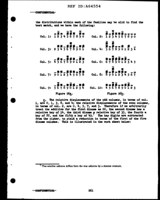 REF ID:A64554
the distributions within each ot the families may be slid to find tbe
beat mtch, and we have the tollov1ng:
II
··-·----·-
Col. 3: 2 3 4 5 6 7 b 9 0 1
-••-;it•-ii•
Col. 5: 4 5 6 7 B9 0 l 2 3
•
-··--··--·
Col. 7: 9 0 1 2 3 ~ 5 6 7 8
- -
-··-·-·-··
Col. 9: 5 6 7 8 9 0 l 2 3 4
Figure 96!.·
Col. 2:
Col. 4:
- . -
--·=·•--=-
123456789 o
• i
•-it--• • -
5678901234
•.;·-=--
Col. 6: 6 7 b 9 0 1 2 3 4 5
Col. 8:
j •
•-ii-•li• __
8901234567
····-·-ii-
Col. 10: 4 5 6 7 8 9 0 1 2 3
Figure 96!!.•
c. The relative diap1acementa of the odd colwma, in terms of col.
1, are o, 1, 3, 8, and 4; the relative displacements of the even colunma,
in terms of col. 2, are o, 4, 5, 7, and 3. Therefore it ve arbitrarily
treat the additive for the first dinom as 00, the second dinome has a
relative key of 14, the third dinme a relative ke7 of' 35, the fourth a
ke7 of 87, and the f'ifth a key of' 43.7
The ke;r cligits are subtracted
from the cipher, to yield a reduction in ter• of' the first of' the five
dinom colUlllDB. Thia is illustrated in the work sheet below:
1Th11 relative add1nve differs from the true addmve by a dmome constant.
261
 
