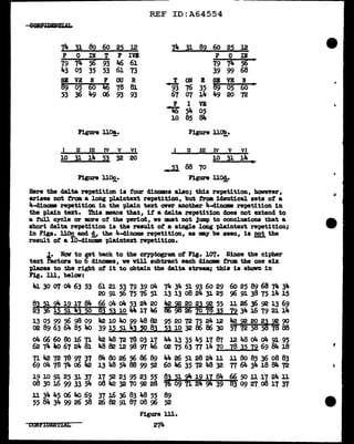 REF ID:A64554
SQR'lm:llm.AL
74 ll §.2 60 22 12 I4 ll a2 60 22 12
p 0 IN T F IVB p 0 II
79 74 56 93 46 61 79 74 56 I
43 05 35 53 61 73 39 99 68
SB VE N , OU R T ON B SB VE N
89 05 60 li6 78 8J. 93 76 35 69 05 60 '
53 36 49 06 93 93 67 07 14 49 20 72
F I VE
,. 54 05
10 85 84
Figure llO!,• Figure ll02_.
I II m IV v VI I II III IV v VI
10 31 14 53 32 20 10 31 llt. ..
...a 88 70
Figure llOc.
- Figure llOl•
Here the delta repetition is four dinoma also; this repetition, however,
arises not tram a long pl.aintext repetition, but tram identical sets of a
4-dincme repetition in the plain text O'l1er another 4-dinom re-petition in
the plain text. This means that, it a delta repetition does not extend to
a tuJ.J. cycle or more ot the -period, we must not Jump to conclusions that a
short delta repetition is the result of a si:agl.e long plaintext repetition;
in Figs. lJ.oS. and !,, the 4-clinome repetition, as my be seen, is !!el the
result of a 10-clinome plaintext repetition.
J.· Now to get back to the cryptogram of Fig. 107. Since the cipher
text f'actors to 6 dinoms, we v1ll subtract each dinom from the one six
pl.aces to the right of it to obtain the delta stream.; this is shown in
Fig. lll, below:
J,.J. 30 07 o4 63 53 61 21 53 79 39 o4 74 34 51 93 60 29 60 25 89 68 74 34
20 91 56 75 76 51 13 13 OB 24 3l 25 96 91 38 75 14 J.5
BJ~~ 12 11 84 66 o4 o4 53 24 20 42120 2J i 55 11 26 36 se 13 69
23 -- 12 21 ~l 20 83 53 10 44 17 116 B6 26 70 7 35 79 34 l.6 79 21 14
13 05 99 56 98 09 112 10 4o 99 48 82 95 20 72 75 24 12 112~20~~90
02 89 63 64 85 4o 39 12 21 4l 22 8J 53 10 32 86 86 30 57 12 58 r aa
o4 li6 60 80 16 71 42 48 72 78 03 l.7 44 l.3 35 45 l.7 87 l.2 48 o4 o4 91 95
62 74 "° 67 24 Bl 48 82 12 98 97 J,6 02 75 63 T1 14 70 78 35 79 69 84 18
71 42 72 78 '7r 37 84 80 26 56 B6 89 44 26 51 28 24 11 11 80 85 36 08 83
69 04 78 7J,. 06 112 13 48 5J,. 88 99 52 60 46 35 72 48 32 77 6Jt. 3Jt. 18 84 72
19 10 91 25 31 37 J.7 52 23 95 23 55 Bi 21 ~ J.~ ~ 84 66 50 11 17 24 11
08 JO 16 99 33 5J+ 08 Jt.2 32 70 92 28 1 09 71 2 39 83 09 27 o8 17 37
11 34 45 06 4o 69 37 16 36 83 48 55 89
55 BJ,. 34 99 26 58 26 82 91 87 08 96 52
Figure lll.
COhJi WENTIAL 274
..
ti
 