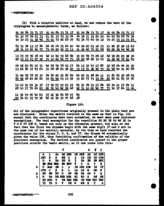 - - - ----~
REF ID:A64554
(2) With a relative additive at band, we now reduce the text ot the
cryptogram. to mnoal:phabetic terms, as follows :
2! oo 84 2J n lI 21 oo 84 23 n lI 21 oo 84 2J n i1 21 oo 84 23 n lI
41 30 07 04 63 53 61 21 53 79 39 04 74 34 51 93 60 29 60 25 89 68 74 34
50302351:72~ 70 21 79 26 68 91 83 34 TI 4o 99 l2 79 25 05 15 03 21.
83 51 911- 19 17 84 66 04 o4 53 2i.. 20 42 ~ 20 23 92 55 11 26 36 92 13 69
..~ ~ 10 66 "6 II. 15 04 20 00 53 13 ~l ~ "6 IO 21 48 20 26 ~ 42 42 ~
13 05 99 56 98 09 42 10 4o 99 48 82 95 20 72 75 24 12 112 92 20 23 92 90
22 a~ l~ o~ gi ~ ~ 10 66 46 Il 12 04 20 98 22 53 05 ~~46102183
04 66 60 Bo 16 71 42 48 72 78 03 17 4J,. 13 35 45 17 87 12 48 oJi. 04 91 95
13 66 86 37 Ja.5 64 51 48 98 25 32 00 ~l 13 2! 1& 116 10 21 48 20 5l 20 88
71 42 72 78 97 37 84 80 26 56 86 89 4J,. 26 51 28 24 11 11 80 85 36 o8 83
80 42 98 25 26 20 93 80 42 03 15 72 53 26 77 75 5l o4 20 80 01 83 37 76
19 10 91 25 31 37 17 52 23 95 23 55 83 51 94 19 17 811. 66 50 11 17 24 11
2.8 10 17 72 60 20 26 52 49 42 52 48 14 51 10 66 116 II. 75 50 37 64 53 o4.
11 ~ 45 06 4o 69 37 16 36 83 48 55 89
20 34 61 53 79 52 46 16 52 30 T1 48 98
Figure 114.
All of the "pc>l.ygraphic repetitions originally present in the plain text are
now disclosed. Since the •trix involved is the &&1111 as that in Fig. 101
except that the coordinates ha.Te been scrambled, ve mst mke some plaintext
assumptions. Th.e beat assumption for the repetition 20 26 52 Ja.9 112 52 is
P O S IT ION S1 baaed not only on the idiomorph present, but also on the
fact that the first tvo dinomes begin with the aamP. digit (P and 0 are in
the same row of the matrix); mreover1 by the time ve have recorded the
coordinates tor the values P, o, S, and IT, the dinome 42 auto-.tica.1.J.y
gives the vaJ.ue ION, thus furnishing confiration of the validity ot the
plaintext assumption. 1he derived coordinates are p1aced in the proper
positions outside the basic matrix, so it now looks like this:
4
2
5
6 2 ~ 9
A 1 AL Al AID AR ARB AS MATE
ATI B 2 BB C 3 CA Cl CO CCII
D 4 DA DE B 5 EA ED KN ENT
BR JaB ES BB BBT r 6 G 1 H
8 BAS HI I 9 IB IBG IOB IS IT
IVE J
- K I. I.A LE M ME :N
BD D R'l' 0 Oll' QI OR OU p Q
R BA RB RED RES BI RO 8 SB SH
ST Sm T D DD TBR TB THI THI TBR
TI ro u v VB W VB X I z
276
...
•
 