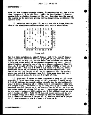 REF ID:A64554
lote that the highest-frequency ele•nt, 88 (representing Sp) , has a rela-
tive trepney of 54 in 1000 (i.e., 5.4J); the next highest, 79 (repre-
senting Pp), a relative frequency of SO; etc. :Note also that the auma of
the entries in the rows have greatl.7 YBr11ng trequenciea, and likewise the
columnar suma.
(2) Referring back to Fig. ll4, we will DOV take a dinom distribu-
tion of the monoalphabeticaJ.ly-converted text; this is shavn below:
1
2
3
4
5
6
7
8
9
-
1 2 3 4 5 6 7 8 9
"'
1 3 3 1 1 4
4 2 1 3 5 2 1 9
1 2 3 2
4 1 8 5 2 1
9 6 7 2
1 2 4 l 1
2 4 1 6 3 4
3 l 1 3
7 l 1 4 1
1 3 4 3 2
15 23 18 8 14 20 13 12 6 28
Figure J.16.
13
~
21
24
9
20
8
14
13
Rav 2 of this distribution, with 27 tallies, and row 5, with 24 tallies,
should correspond either to true rov 7 (weight of 152) and true rov 8
(weight of 145) of Fig. ll5, or vice versa; let us assume that true row
7 (with the higher score) is the correct equiftl.ent far raw 2. Col. -'
with 28 tallies, should be one ot the three highest colUDIDS of Fig. ll5:
true col. 8 (weight ot 148), true col. 9 (weight ot 122), or true col. 1
(weight of 120). But cell 24 (vith a high count of 9 tallies) should
correspond to one of the following true row-column combinations: 7-8
(weight of 12), 7-9 (weight of 50), or 7-1 (weight of 1). The correct
choice tor cell 24 is obviously true 7-9· 'l'tlis means then that row 5
(with 27 tallies) should be true r0tr a (weight of 145).
(3) Since col. - (which has been identified aa true col. 9) is not
true col. 8 (which baa a high weight of 148), true col. 8 should be col.
2 (with 23 tallies, the second ranking column); this is substantiated by
cell 5-2 (with a trequenc7 of 6), which shovs a correspondence with true
8-8 (weight of 54). :Nov cells 5-1 (9 tallies) and 5-3 (7 tallies) ahoul.4
represent true 8-1 (weight of 31) or true 8-3 (weight of 22); in light of
the higher number of tallies (18) of col. 3, this col.um should correspond
to true col. 1 (weight of 120), Eking col. 1 (15 tallies) equal to true
col. 3 (weight of 103). Cell 9-2 (7 tallies) should correspond to true
6-8 (weight of 23) or to true 4-8 (weight of 22); but comparing raw 9
(14 tallies) with true raw 6 (weight of J.16) and with true row 4 (weight
of 72), the agreement ot raw 9 is best vith true raw 4.
278
 