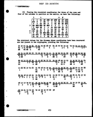 REF ID:A64554
(4) Placing the recovered coordinates for three of the rova and
four of the columns 1n position on the matrix,, ve have the following:
3 1 2 -
A l AL Alf AND .AR ARB AS Ill A'JS
ATIB 2 BE C 3 CACBCOCOM
D 4 DADE E 5 BABDBNBBT
9 BRBBBIRSESIST l 6 G 7 H
8 BAS BB I 9 IN ING IOI IS IT
~ J - K L U ~ M 8 B
2 G D M 0 ~ ~ ~ W P Q
5 R RA RERBDBISRI ROS SB SH
ST STO T 'm TID mil TH THI THI THR
n TO U V W W W X Y Z
The "Plaintext values for the d1nomea vb.oae coordinates have been recovered
are nov placed in the cryptogram,, yielding the follc:nring:
50 30 23 ~ ~ 46 70 21 79 26 68 97 83 34 77 4o 99 12 79 25 05 15 03 27
89 971 3 973 1 4 1 91f. 8 7 17 ..
SB G RE G NT
~ 51 10 66 116 TI 15 o4 20 00 53 13 51 ~ 116 70 21 48 20 26 52 49 42 52
83 9 79 9 8J. l 83 9 73 79 1 88 8 88
GRE P R RE G NT P S S
22 05 15 03 27 $ 51 10 66 46 Tl 75 o4 20 98 22 53 05 5l. 92 46 10 21 83
78 l 7 JiB 83 9 79 4 78 8J. B3 JiB 9 73 l
OU G BB P OUR RB G IT
13 66 86 37 45 6a.. 51 48 98 2s 32 oo 53 13 5l. I 46 10 21 48 20 si 20 aa
1 83 4 7 8 9 8J. l 83 9 73 79 83 79
RB R RB G BT PRE P
80 42 98 25 26 20 93 6o 42 03 15 72 53 26 77 75 i 04 20 8o 01 83 37 76
9 8 4 7 7 79 41 9 8 l 8 81. 7 79 9 3 l
P ER R R P
~a l~ i1 ~ 6~ ~~ ~ I 49 ~ i 48 ~ ~~ i~ 66 1-6 rr 1j ~~ 31 64 ~
P S S GD SB R
20 34 61 53 79 52 46 16 52 30 77 48 9B
•79 3 8J. 88 88 9
P R S S
279
 
