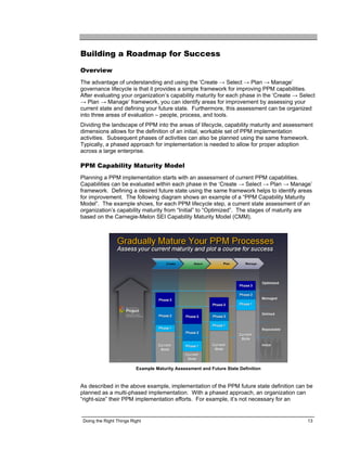Building a Roadmap for Success

Overview
The advantage of understanding and using the ‘Create → Select → Plan → Manage’
governance lifecycle is that it provides a simple framework for improving PPM capabilities.
After evaluating your organization’s capability maturity for each phase in the ‘Create → Select
→ Plan → Manage’ framework, you can identify areas for improvement by assessing your
current state and defining your future state. Furthermore, this assessment can be organized
into three areas of evaluation – people, process, and tools.
Dividing the landscape of PPM into the areas of lifecycle, capability maturity and assessment
dimensions allows for the definition of an initial, workable set of PPM implementation
activities. Subsequent phases of activities can also be planned using the same framework.
Typically, a phased approach for implementation is needed to allow for proper adoption
across a large enterprise.

PPM Capability Maturity Model
Planning a PPM implementation starts with an assessment of current PPM capabilities.
Capabilities can be evaluated within each phase in the ‘Create → Select → Plan → Manage’
framework. Defining a desired future state using the same framework helps to identify areas
for improvement. The following diagram shows an example of a “PPM Capability Maturity
Model”. The example shows, for each PPM lifecycle step, a current state assessment of an
organization’s capability maturity from “Initial” to “Optimized”. The stages of maturity are
based on the Carnegie-Melon SEI Capability Maturity Model (CMM).




                          Example Maturity Assessment and Future State Definition


As described in the above example, implementation of the PPM future state definition can be
planned as a multi-phased implementation. With a phased approach, an organization can
“right-size” their PPM implementation efforts. For example, it’s not necessary for an


 Doing the Right Things Right                                                               13
 