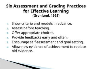 1. Show criteria and models in advance.
2. Assess before teaching.
3. Offer appropriate choices.
4. Provide feedbacks early and often.
5. Encourage self-assessment and goal setting.
6. Allow new evidence of achievement to replace
old evidence.
Six Assessment and Grading Practices
for Effective Learning
(Gronlund, 1995)
 