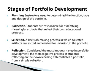 1. Planning. Instructors need to determined the function, type
and design of the portfolio.
2. Collection. Students are responsible for assembling
meaningful artifacts that reflect their own educational
progress.
3. Selection. A decision-making process in which collected
artifacts are sorted and elected for inclusion in the portfolio.
4. Reflection. Considered the most important step in portfolio
development; the metacognitive process of students
reflecting on their own learning differentiates a portfolio
from a simple collection.
Stages of Portfolio Development
 