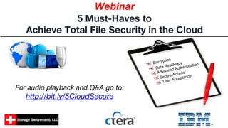 5 Must-Haves to
Achieve Total File Security in the Cloud
Webinar
For audio playback and Q&A go to:
http://bit.ly/5CloudSecure
 
