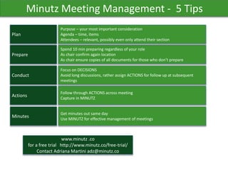 Minutz Meeting Management - 5 Tips
Plan
Prepare
Spend 10 min preparing regardless of your role
As chair confirm again location
As chair ensure copies of all documents for those who don’t prepare
Conduct
Actions
Follow through ACTIONS across meeting
Capture in MINUTZ
Focus on DECISIONS
Avoid long discussions, rather assign ACTIONS for follow up at subsequent
meetings
Purpose – your most important consideration
Agenda – time, items
Attendees – relevant, possibly even only attend their section
Minutes
Get minutes out same day
Use MINUTZ for effective management of meetings
www.minutz .co
for a free trial http://www.minutz.co/free-trial/
Contact Adriana Martini adz@minutz.co
 