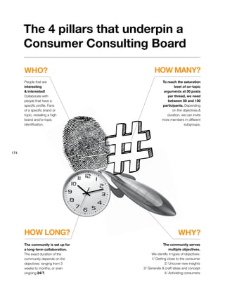 174
HOW MANY?
HOW LONG?
WHO?
WHY?
To reach the saturation
level of on-topic
arguments at 30 posts
per thread, we need
between 50 and 150
participants. Depending
on the objectives &
duration, we can invite
more members in different
subgroups.
The community is set up for
a long-term collaboration.
The exact duration of the
community depends on the
objectives: ranging from 3
weeks to months, or even
ongoing 24/7.
People that are
interesting
& interested!
Collaborate with
people that have a
specific profile. Fans
of a specific brand or
topic, revealing a high
brand and/or topic
identification.
The community serves
multiple objectives.
We identify 4 types of objectives:
1/ Getting close to the consumer
2/ Uncover new insights
3/ Generate & craft ideas and concept
4/ Activating consumers
The 4 pillars that underpin a
Consumer Consulting Board
 