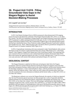 Summary of Field Work and Other Activities 2015,
Ontario Geological Survey, Open File Report 6313, p.36-1 to 36-8.
© Queen’s Printer for Ontario, 2015
36-1
36. Project Unit 13-018. Filling
Groundwater Data Gaps in the
Niagara Region to Assist
Decision-Making Processes
J.D. Campbell1
and A.K. Burt2
1
Niagara Peninsula Conservation Authority, Welland, Ontario L3C 3W2
2
Earth Resources and Geoscience Mapping Section, Ontario Geological Survey, Sudbury, Ontario P3E 6B5
INTRODUCTION
In 2013, the Ontario Geological Survey (OGS) commenced a three-dimensional (3-D) mapping
project focussed on the Quaternary sediments of the Niagara Peninsula (Burt 2013, 2014; see also Burt,
this volume). The OGS was responding to Niagara Region and Niagara Peninsula Conservation Authority
(NPCA) proposals to address geological framework data gaps. In year 2 of the OGS study (Burt 2014),
Niagara WaterSmart funded an OGS–NPCA partnership to address gaps in the hydrogeological regime
that had been identified by Source Water Protection studies (Niagara Peninsula Conservation Authority
and AquaResource Inc. 2010). Addressing these gaps will inform effective groundwater management in
Niagara (Council of Canadian Academies 2009; Figure 36.1).
In 2014, 18 groundwater monitoring wells were constructed to study 3 buried-bedrock valley systems
that begin at Lake Erie and have aquifer potential (Flint and Lolcama 1986) (Figure 36.2): 1) the Erigan
channel, 2) the Chippawa–Niagara Falls channel and 3) the Crystal Beach channel. The monitoring wells
were screened in the most transmissive unit as determined during borehole advancement (Burt 2014).
Most wells monitor the uppermost bedrock unit with a 3 m screen, although some 1.5 and 4.6 m screens
were used, and some wells monitor both sediment and bedrock (Figures 36.3 and 36.4).
GEOLOGICAL CONTEXT
The Niagara Peninsula is underlain by Ordovician red and green shale below the Niagara
Escarpment, relatively resistant Silurian dolostone forming the Niagara Escarpment cuesta and softer
black shale and gypsum forming a shallow basin in the central peninsula, and Devonian limestone above
the Onondaga escarpment. A series of buried-bedrock valleys, with the potential to host sediment
aquifers, dissect the bedrock surface. These valleys are only evident at the ground surface where they
cross the escarpments (for more information on bedrock and the buried valleys, see Burt 2013, 2014; see
also Burt, this volume).
The Quaternary sediment cover across the Niagara Peninsula, the majority of which was deposited
after the Late Wisconsinan glacial maximum, has been grouped into a series of regionally identified
sediment packages (for more detailed descriptions, representative photographs and summary logs, see Burt
2013, 2014; see also Burt, this volume). The lower drift package, representing the oldest Quaternary
sediments recognized to date, consists of stony silt to sand till (e.g., see Figure 36.4: BH13, BH11, BH31
and BH26) with local deposits of interbedded gravel, dirty gravel and diamicton (possibly eskers) (e.g., see
Figure 36.3: BH10) and clean glaciofluvial gravel and/or sand (water bearing) (e.g., see Figure 36.3: BH08;
 