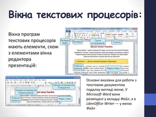 Вікна текстових процесорів:
Вікна програм
текстових процесорів
мають елементи, схожі
з елементами вікна
редактора
презентацій:
Основні вказівки для роботи з
текстовим документом
подалоу вигляді меню. У
Microsoft Word вони
розміщені у вкладці Файл, а в
LibreOffice Writer — у меню
Файл
 