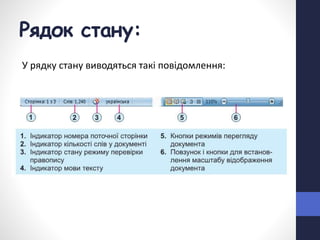 Рядок стану:
У рядку стану виводяться такі повідомлення:
 