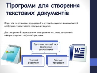 Програми для створення
текстових документів
Перш ніж ти отримаєш друкований текстовий документ, на комп'ютері
необхідно створити його електронну версію.
Для створення й опрацювання електронних текстових документів
використовують спеціальні програми
Програми для роботи з
текстовими
документами
Текстові
редактори
Текстові
процесори
 