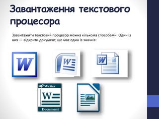 Завантаження текстового
процесора
Завантажити текстовий процесор можна кількома способами. Один із
них — відкрити документ, що має один із значків:
 