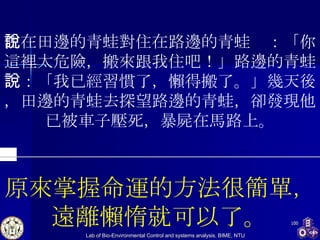 住在田邊的青蛙對住在路邊的青蛙說：「你這裡太危險，搬來跟我住吧！」路邊的青蛙說：「我已經習慣了，懶得搬了。」幾天後，田邊的青蛙去探望路邊的青蛙，卻發現他已被車子壓死，暴屍在馬路上。 原來掌握命運的方法很簡單 ， 遠離懶惰就可以了。 