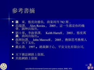 參考書摘 周啟東。 態度決勝負。 商業周刊 782 期 。  范湲譯 。   Álex Rovira 。 2005 。這一生都是你的機會。圓神出版社。 劉士華 、 李淑華 譯 。   Keith Harrell 。 2003 。態度萬歲。商周出版社 。   顏湘如譯。  John Maxwell 。 2005 。 換個思考換種人生。天下文化。 嚴長壽。 1997 。 總裁獅子心。平安文化有限公司。 天下雜誌網路上資源。 其他網路上資源 