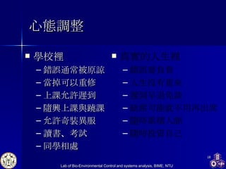 心態調整 學校裡 錯誤通常被原諒 當掉可以重修 上課允許遲到 隨興上課與蹺課 允許奇裝異服 讀書 、 考試 同學相處 真實的人生裡 錯誤要負責 人生沒有重來 遲到早退免談 缺席可能就不用再出席 隨時累積人脈 隨時投資自己 