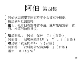 阿伯   第四集 阿伯吃完選舉宴回家時不小心被車子撞倒， 被送到附近醫院時， 護士小姐看他有點神智不清，就幫他填寫病歷資料，知道阿伯姓林後． 於是問他：「阿伯，你林啥？」 ( 台語 ) 阿伯答：「我喝兩罐 BILU ㄋㄧㄚ ˊ 。」 ( 台語 ) 不是啦！我是問你叫啥？ ( 台語 ) 阿伯答：「我叫海帶配滷蛋啦！」 ( 台語 ) 護士： !@#$%^&* 