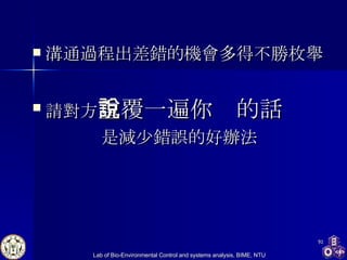 溝通過程出差錯的機會多得不勝枚舉 請對方 重覆一遍你說的話 是減少錯誤的好辦法 