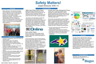 Safety Matters!
Joseph Schiavone EHS + S
Introduction
Before beginning my internship with the Biogen
EHS+S department, I set a few developmental
goals for myself. Since this is my first experience
working in the field of safety, I wanted to be
exposed to as many health and safety
experiences as possible. I also wanted to grow
professionally by learning to network in a
corporate setting and excel in management
systems. My overarching goal for the summer was
to learn the key elements of a successful safety
program, and grow into a more knowledgeable
safety professional.
Long Term Projects
Conclusions
Acknowledgements
Dates of Research: May 2015 – August 2015
Safety Data Sheets (SDS) Project:
Making sure Biogen employees have as much
information as possible on all chemicals they may
handle is crucial for maintaining a safe and
responsible working environment. This information
comes in the form of a SDS, or safety data sheet.
This summer I was responsible for inventorying
many chemicals on site, and working with
manufacturing procurement to get a complete list of
raw materials. I then completed a gap analysis to
ensure that a SDS is available for each chemical
and material on site through Biogen’s online SDS
management database system, 3E. This project
was completed to ensure compliance with OSHA’s
Hazcom standard.
Fixed Ladder Project:
After an injury event at another Biogen location
involving a fixed ladder, the global EHS+S team
created an action item to audit all fixed ladders at
Biogen facilities.
I found and inspected a total of 48 fixed ladders at
the RTP, Biogen facility. Majority of the fixed ladders
inspected were in full compliance and in
accordance with OSHA standards. Approximately
ten ladders were found to have a “L” stock side rail,
which is prohibited due to not providing an
adequate gripping surface. Recommendations from
this project include replacing the “L” stock side rail
with an approved flat or “C” channel stock rail to
provide better grip for employees.
Carolina Star Poster Management Project:
Carolina Star is a partnership between industry,
employees, and the NC Department of Labor to
recognize workplaces with a strong safety culture and
effective safety and health programs. In 2012, the NC
Department of Labor recognized Biogen for an
outstanding safety culture.
This summer I was responsible for project managing
Biogen’s Carolina Star poster session. The poster
session is designed to showcase the safety teams and
culture at Biogen. It will also provide an opportunity for
OSHA auditors to speak with employees during the
Carolina Star Recertification process. In order to
manage this project I completed the following tasks:
• Met with representatives from safety teams and
updated posters collectively
• Ensured all posters were received by deadline
• Responsible for poster ordering and storing logistics
• Coordinated volunteers for the poster session
• Responsible for room set up and refreshment
management
Keith Gibson , CSP, Senior Manager EHS
Michelle Alexander, CIH, Senior Associate EHS
Hanna Gamache, Associate EHS
Projects and Tasks
• Inspections of laboratories, construction areas, and
hazardous waste
• Helped facilitate 2 hour LOTO training
• Swab tests for radiation in radiation lab
• Monthly eyewash tests for eyewash stations
• Monthly gathering of run data for all generators, fire
pumps, and boilers
• Supported emergency response by overseeing
servicing of 10 AED’s and BERT bags
• Organized JHA’s, hot work permits, fire use permits,
confined space permits, and restricted area access
permits
• Followed up with various employee safety concerns
• Met with and walk around with Fire Marshall
• Conducted sound level monitoring for all of
manufacturing areas
• Spent day at OSD and learned of their safety
practices when it comes to small molecule
manufacturing
• Spent day with waste manager learned about
importance of managing hazardous and non
hazardous waste
This past summer I have been able to apply my
knowledge from the classroom into my everyday
tasks here at Biogen. I believe I have grown
immensely professionally, and achieved the
developmental goals I set for myself. I am grateful for
the experience to be a part of a company that
integrates safety into every aspect of the culture, and
exhibits the key elements of a successful safety
program. My time with the Biogen EHS+S department
has motivated me to continue my path as an aspiring
safety professional.
 