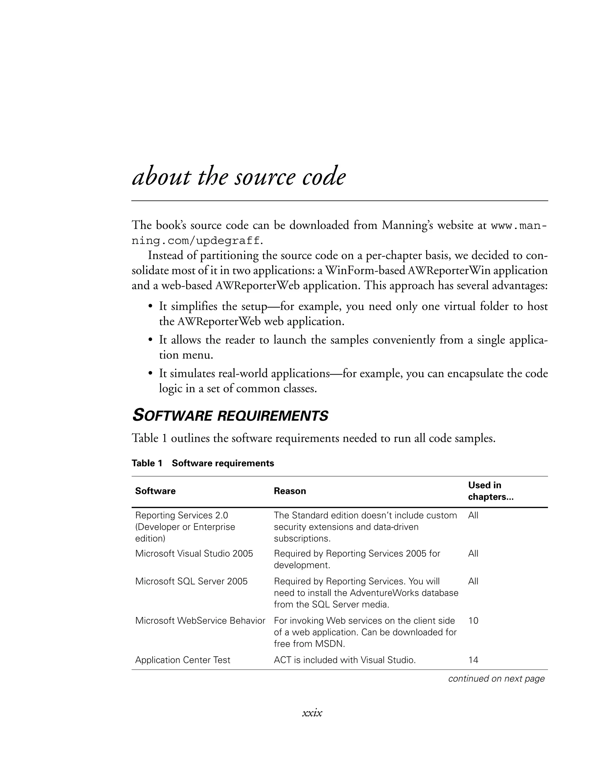 xxix
about the source code
The book’s source code can be downloaded from Manning’s website at www.man-
ning.com/updegraff.
Instead of partitioning the source code on a per-chapter basis, we decided to con-
solidate most of it in two applications: a WinForm-based AWReporterWin application
and a web-based AWReporterWeb application. This approach has several advantages:
• It simplifies the setup—for example, you need only one virtual folder to host
the AWReporterWeb web application.
• It allows the reader to launch the samples conveniently from a single applica-
tion menu.
• It simulates real-world applications—for example, you can encapsulate the code
logic in a set of common classes.
SOFTWARE REQUIREMENTS
Table 1 outlines the software requirements needed to run all code samples.
Table 1 Software requirements
Software Reason
Used in
chapters...
Reporting Services 2.0
(Developer or Enterprise
edition)
The Standard edition doesn’t include custom
security extensions and data-driven
subscriptions.
All
Microsoft Visual Studio 2005 Required by Reporting Services 2005 for
development.
All
Microsoft SQL Server 2005 Required by Reporting Services. You will
need to install the AdventureWorks database
from the SQL Server media.
All
Microsoft WebService Behavior For invoking Web services on the client side
of a web application. Can be downloaded for
free from MSDN.
10
Application Center Test ACT is included with Visual Studio. 14
continued on next page
 