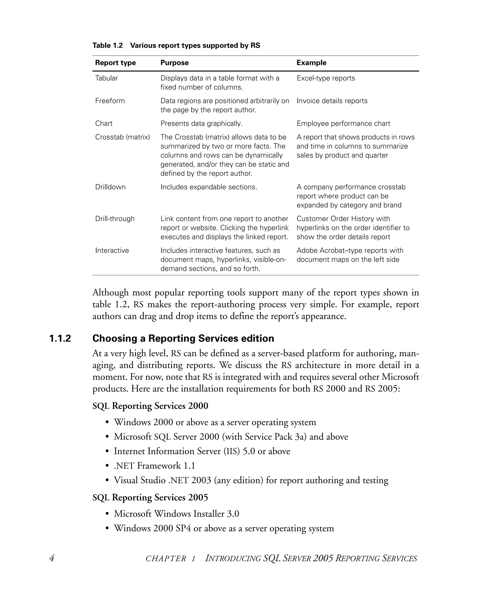 4 CHAPTER 1 INTRODUCING SQL SERVER 2005 REPORTING SERVICES
Although most popular reporting tools support many of the report types shown in
table 1.2, RS makes the report-authoring process very simple. For example, report
authors can drag and drop items to define the report’s appearance.
1.1.2 Choosing a Reporting Services edition
At a very high level, RS can be defined as a server-based platform for authoring, man-
aging, and distributing reports. We discuss the RS architecture in more detail in a
moment. For now, note that RS is integrated with and requires several other Microsoft
products. Here are the installation requirements for both RS 2000 and RS 2005:
SQL Reporting Services 2000
• Windows 2000 or above as a server operating system
• Microsoft SQL Server 2000 (with Service Pack 3a) and above
• Internet Information Server (IIS) 5.0 or above
• .NET Framework 1.1
• Visual Studio .NET 2003 (any edition) for report authoring and testing
SQL Reporting Services 2005
• Microsoft Windows Installer 3.0
• Windows 2000 SP4 or above as a server operating system
Table 1.2 Various report types supported by RS
Report type Purpose Example
Tabular Displays data in a table format with a
fixed number of columns.
Excel-type reports
Freeform Data regions are positioned arbitrarily on
the page by the report author.
Invoice details reports
Chart Presents data graphically. Employee performance chart
Crosstab (matrix) The Crosstab (matrix) allows data to be
summarized by two or more facts. The
columns and rows can be dynamically
generated, and/or they can be static and
defined by the report author.
A report that shows products in rows
and time in columns to summarize
sales by product and quarter
Drilldown Includes expandable sections. A company performance crosstab
report where product can be
expanded by category and brand
Drill-through Link content from one report to another
report or website. Clicking the hyperlink
executes and displays the linked report.
Customer Order History with
hyperlinks on the order identifier to
show the order details report
Interactive Includes interactive features, such as
document maps, hyperlinks, visible-on-
demand sections, and so forth.
Adobe Acrobat–type reports with
document maps on the left side
 