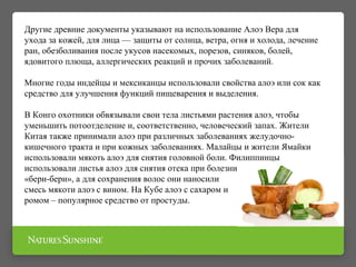 Другие древние документы указывают на использование Алоэ Вера для
ухода за кожей, для лица — защиты от солнца, ветра, огня и холода, лечение
ран, обезболивания после укусов насекомых, порезов, синяков, болей,
ядовитого плюща, аллергических реакций и прочих заболеваний.
Многие годы индейцы и мексиканцы использовали свойства алоэ или сок как
средство для улучшения функций пищеварения и выделения.
В Конго охотники обвязывали свои тела листьями растения алоэ, чтобы
уменьшить потоотделение и, соответственно, человеческий запах. Жители
Китая также принимали алоэ при различных заболеваниях желудочно-
кишечного тракта и при кожных заболеваниях. Малайцы и жители Ямайки
использовали мякоть алоэ для снятия головной боли. Филиппинцы
использовали листья алоэ для снятия отека при болезни
«бери-бери», а для сохранения волос они наносили
смесь мякоти алоэ с вином. На Кубе алоэ с сахаром и
ромом – популярное средство от простуды.
 