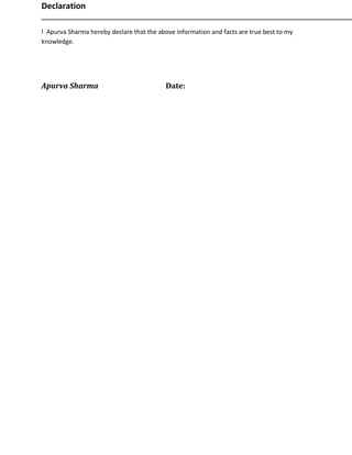 Declaration
I Apurva Sharma hereby declare that the above information and facts are true best to my
knowledge.
Apurva Sharma Date:
 