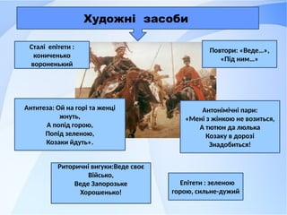 Художні засоби
Сталі епітети :
кониченько
вороненький
Епітети : зеленою
горою, сильне-дужий
Повтори: «Веде…»,
«Під ним…»
Риторичні вигуки:Веде своє
Військо,
Веде Запорозьке
Хорошенько!
Антонімічні пари:
«Мені з жінкою не возиться,
А тютюн да люлька
Козаку в дорозі
Знадобиться!
Антитеза: Ой на горі та женці
жнуть,
А попід горою,
Попід зеленою,
Козаки йдуть».
 
