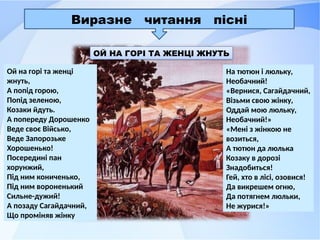 Ой на горі та женці
жнуть,
А попід горою,
Попід зеленою,
Козаки йдуть.
А попереду Дорошенко
Веде своє Військо,
Веде Запорозьке
Хорошенько!
Посередині пан
хорунжий,
Під ним кониченько,
Під ним вороненький
Сильне-дужий!
А позаду Сагайдачний,
Що проміняв жінку
ОЙ НА ГОРІ ТА ЖЕНЦІ ЖНУТЬ
На тютюн і люльку,
Необачний!
«Вернися, Сагайдачний,
Візьми свою жінку,
Оддай мою люльку,
Необачний!»
«Мені з жінкою не
возиться,
А тютюн да люлька
Козаку в дорозі
Знадобиться!
Гей, хто в лісі, озовися!
Да викрешем огню,
Да потягнем люльки,
Не журися!»
Виразне читання пісні
 
