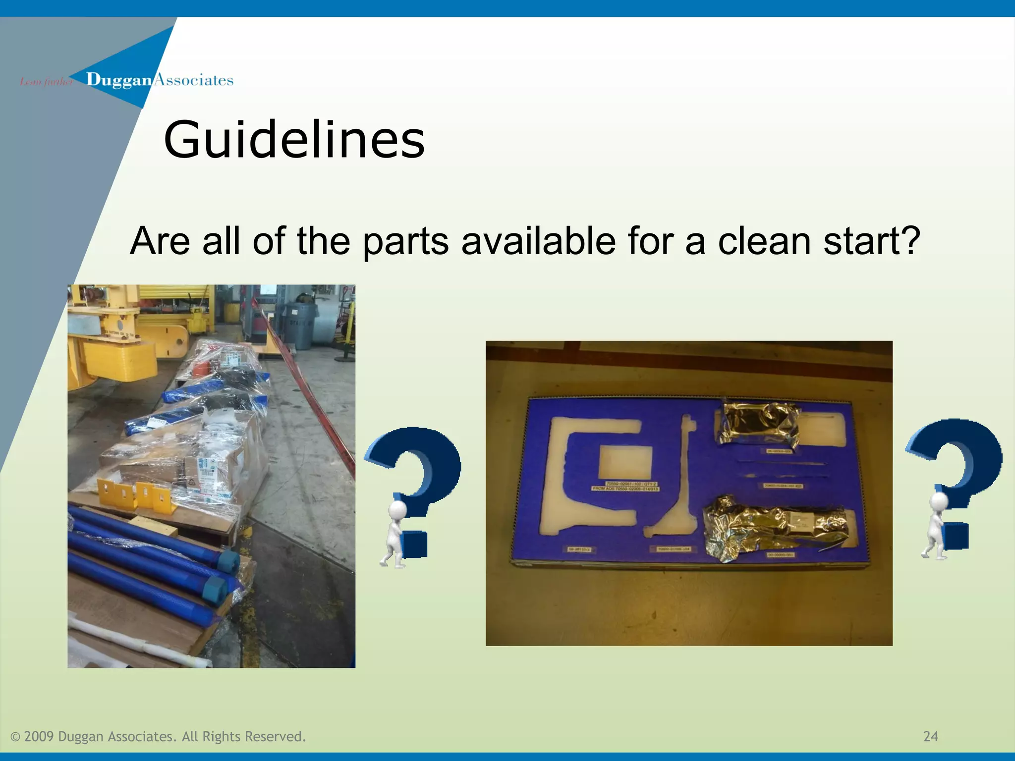 © 2009 Duggan Associates. All Rights Reserved. 24
Guidelines
Are all of the parts available for a clean start?
 