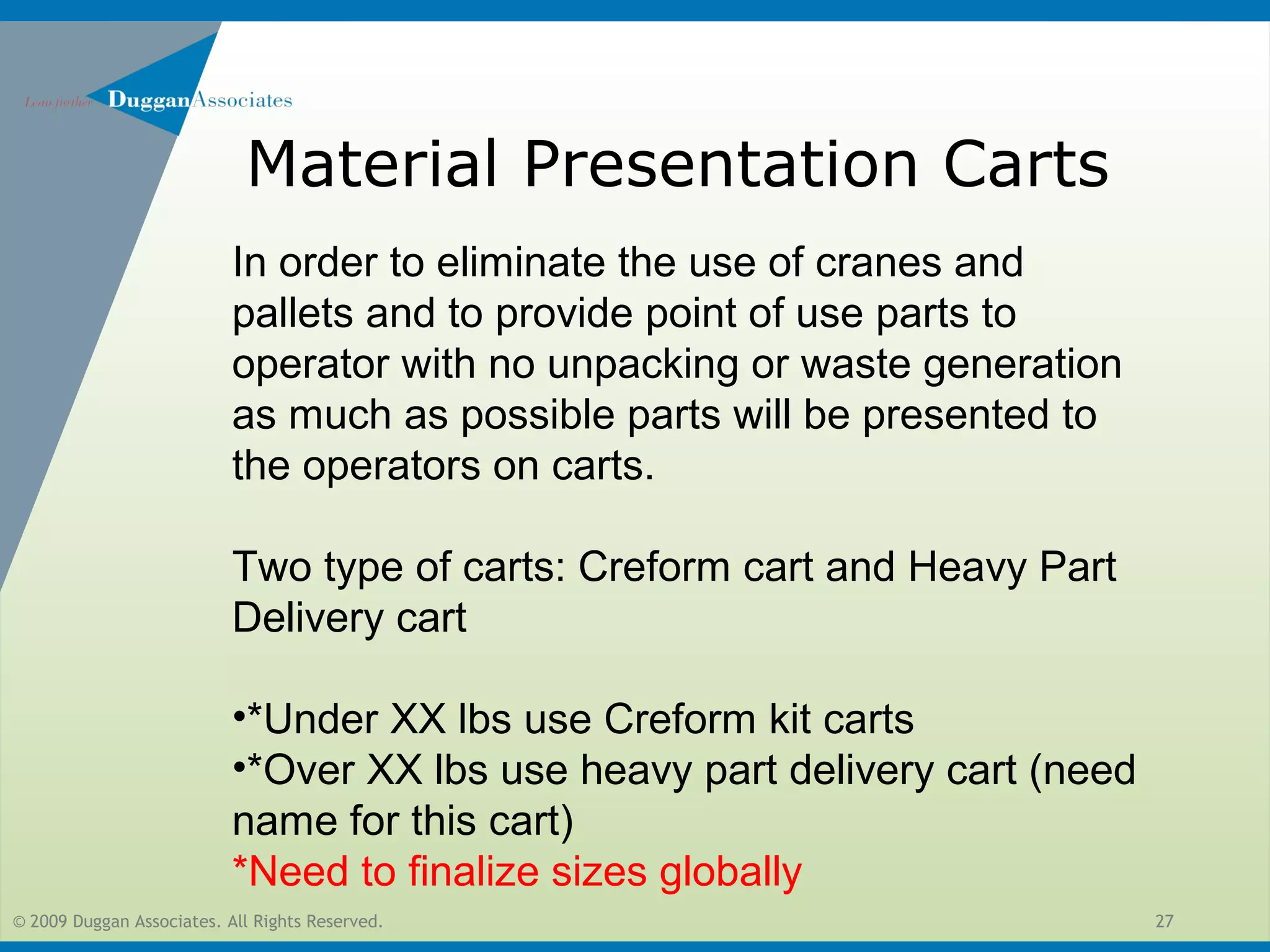 © 2009 Duggan Associates. All Rights Reserved. 27
Material Presentation Carts
In order to eliminate the use of cranes and
pallets and to provide point of use parts to
operator with no unpacking or waste generation
as much as possible parts will be presented to
the operators on carts.
Two type of carts: Creform cart and Heavy Part
Delivery cart
•*Under XX lbs use Creform kit carts
•*Over XX lbs use heavy part delivery cart (need
name for this cart)
*Need to finalize sizes globally
 