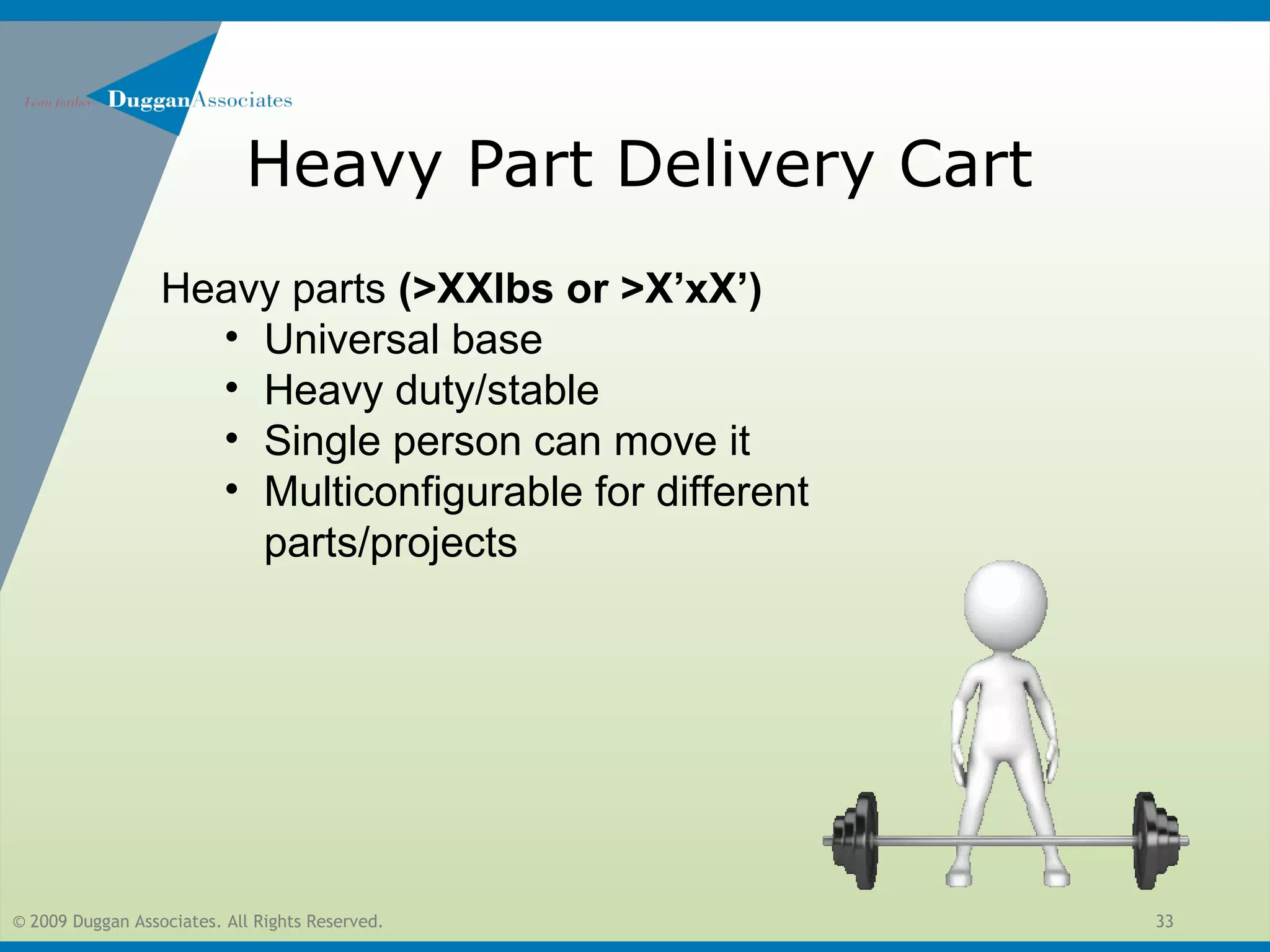 © 2009 Duggan Associates. All Rights Reserved. 33
Heavy Part Delivery Cart
Heavy parts (>XXlbs or >X’xX’)
• Universal base
• Heavy duty/stable
• Single person can move it
• Multiconfigurable for different
parts/projects
 