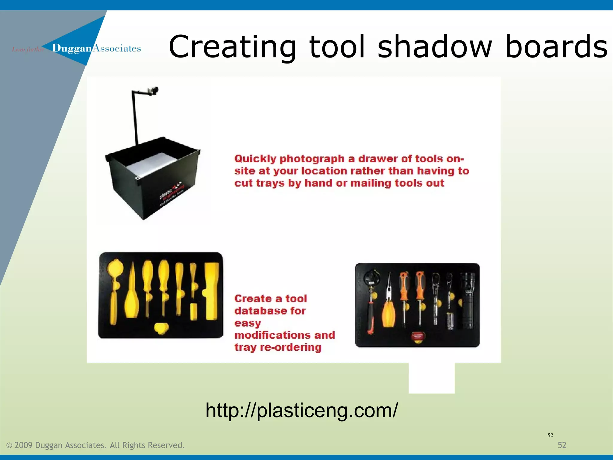 © 2009 Duggan Associates. All Rights Reserved. 52
Creating tool shadow boards
52
http://plasticeng.com/
 