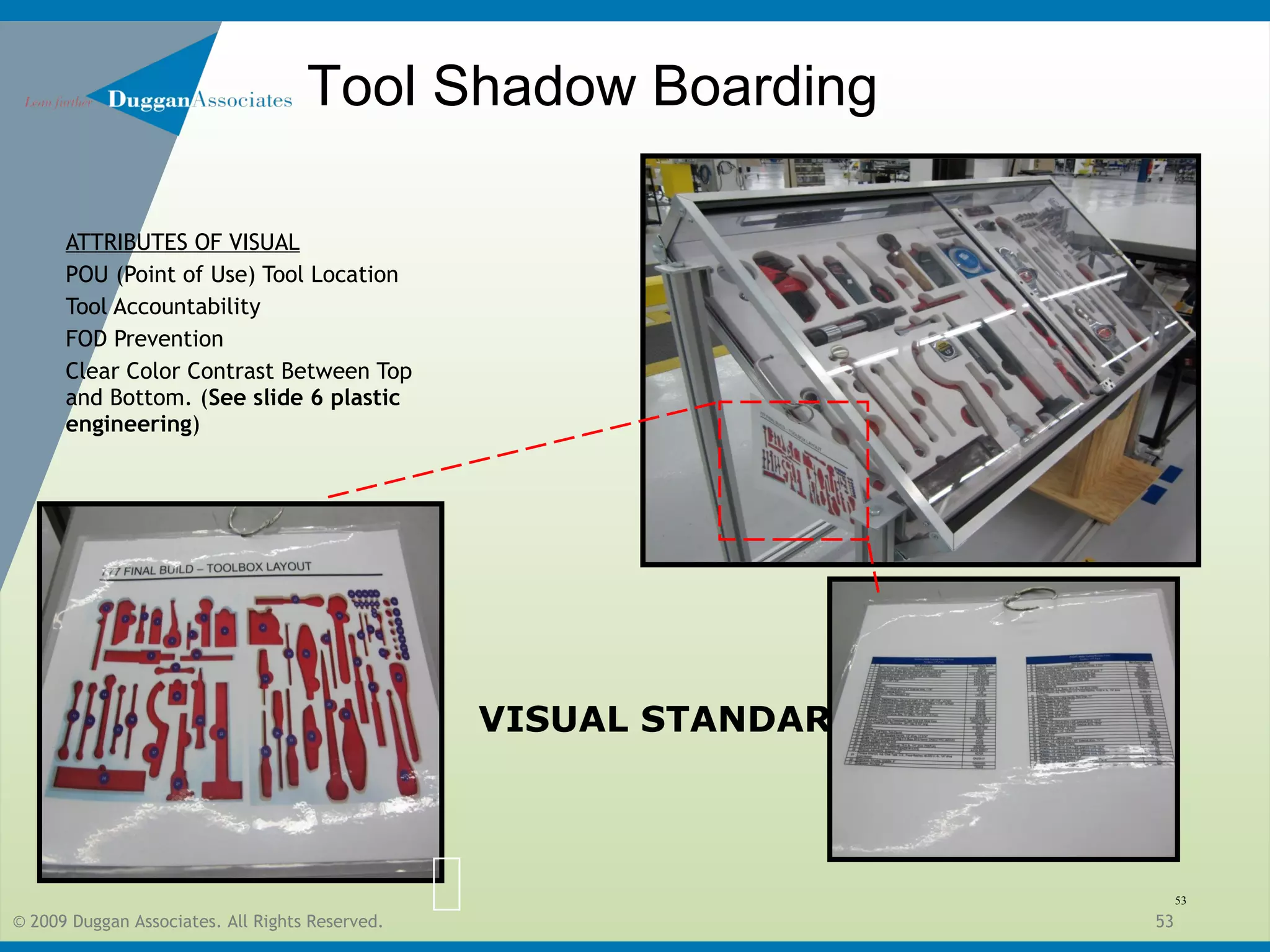 © 2009 Duggan Associates. All Rights Reserved. 53
VISUAL STANDARD
ATTRIBUTES OF VISUAL
POU (Point of Use) Tool Location
Tool Accountability
FOD Prevention
Clear Color Contrast Between Top
and Bottom. (See slide 6 plastic
engineering)
53
Tool Shadow Boarding
 