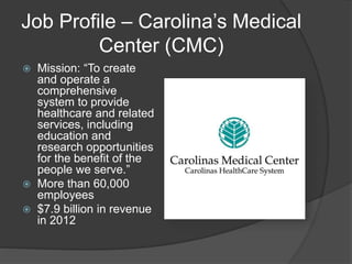 Job Profile – Carolina’s Medical
Center (CMC)
 Mission: “To create
and operate a
comprehensive
system to provide
healthcare and related
services, including
education and
research opportunities
for the benefit of the
people we serve.”
 More than 60,000
employees
 $7.9 billion in revenue
in 2012
 