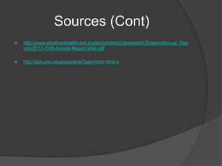 Sources (Cont)
 http://www.carolinashealthcare.org/documents/CarolinasHCSystem/Annual_Rep
orts/2013-CHS-Annual-Report-Web.pdf
 http://sph.unc.edu/programs/?ppk=hpm-mha-o
 