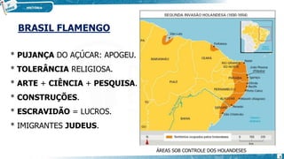 BRASIL FLAMENGO
ÁREAS SOB CONTROLE DOS HOLANDESES
* PUJANÇA DO AÇÚCAR: APOGEU.
* TOLERÂNCIA RELIGIOSA.
* ARTE + CIÊNCIA + PESQUISA.
* CONSTRUÇÕES.
* ESCRAVIDÃO = LUCROS.
* IMIGRANTES JUDEUS.
6
 
