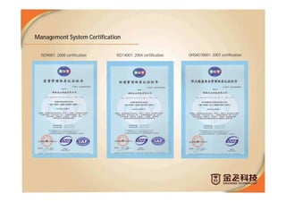 ISO9001: 2008 certification ISO14001: 2004 certification OHSAS18001: 2007 certification
Management System Certification
 