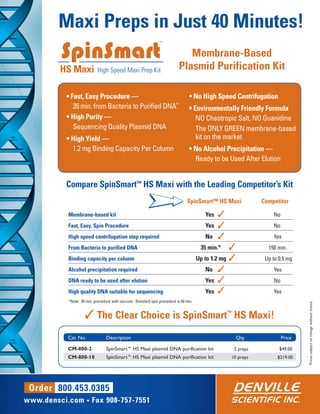 Maxi Preps in Just 40 Minutes!
         SpinSmart
                                                                ™

                                                                                Membrane-Based
         HS Maxi            High Speed Maxi Prep Kit                         Plasmid Purification Kit

           • Fast, Easy Procedure —                                                • No High Speed Centrifugation
             35	min.	from	Bacteria	to	Purified	DNA*                                • Environmentally Friendly Formula
           • High Purity —                                                         	 NO	Chaotropic	Salt,	NO	Guanidine
           	 Sequencing	Quality	Plasmid	DNA                                        	 	 he	ONLY	GREEN	membrane-based	
                                                                                      T
           • High Yield —                                                             kit	on	the	market
             1.2	mg	Binding	Capacity	Per	Column	                                   • No Alcohol Precipitation —
                                                                                   	 Ready	to	be	Used	After	Elution


           Compare SpinSmart™ HS Maxi with the Leading Competitor’s Kit
           	                                                                     SpinSmart™ HS Maxi	             Competitor

           Membrane-based kit	                                                             Yes	 ✓                    No
           Fast, Easy, Spin Procedure	                                                     Yes	 ✓                    No
           High speed centrifugation step required	                                        No	 ✓                     Yes
           From Bacteria to purified DNA	                                                35 min.*	    ✓            150	min.
           Binding capacity per column	                                                 Up to 1.2 mg	 ✓           Up	to	0.5	mg
           Alcohol precipitation required	                                                  No	 ✓                    Yes
           DNA ready to be used after elution	                                              Yes	 ✓                   No
           High quality DNA suitable for sequencing	                                        Yes	 ✓                   Yes
           *Note:		35	min.	procedure	with	vacuum.		Standard	spin	procedure	is	50	min.

                                                                                                                                  Prices subject to change without notice.
                    ✓ The Clear Choice is SpinSmart™ HS Maxi!
           Cat. No.              Description                                                              Qty.            Price

           CM-800-2              SpinSmart™ HS Maxi plasmid DNA purification kit                      2 preps           $49.00
           CM-800-10             SpinSmart™ HS Maxi plasmid DNA purification kit                     10 preps          $219.00




 Order 800.453.0385
www.densci.com • Fax 908-757-7551
 
