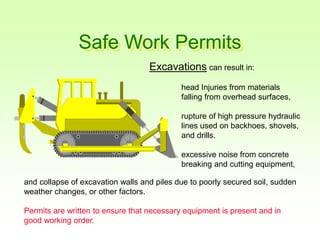 Safe Work Permits
Excavations can result in:
head Injuries from materials
falling from overhead surfaces,
rupture of high pressure hydraulic
lines used on backhoes, shovels,
and drills.
excessive noise from concrete
breaking and cutting equipment,
and collapse of excavation walls and piles due to poorly secured soil, sudden
weather changes, or other factors.
Permits are written to ensure that necessary equipment is present and in
good working order.
 