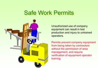 Safe Work Permits
Unauthorized use of company
equipment can result in lost
production and injury to untrained
operators.
Permits prevent company equipment
from being taken by contractors
without the permission of area
management, and require
verification of equipment operator
training.
 