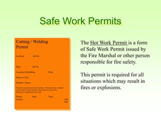 Safe Work Permits
Cutting / Welding
Permit
Location: Job No.
Date: Job No.
Location & Building: Floor
Nature of Job:
Welder’s Name:
The above location has been examined. The precautions checked
on the reverse of this card have been taken to prevent fire.
Permission is granted for this work.
Permit Date: Time:
Expires AM
PM
The Hot Work Permit is a form
of Safe Work Permit issued by
the Fire Marshal or other person
responsible for fire safety.
This permit is required for all
situations which may result in
fires or explosions.
 