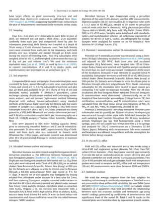 have larger effects on plant community structure and soil
processes than short-term responses to individual ﬁres (Blair,
1997; Knapp et al.,1998b), suggesting that differences in burning in
the year of measurement contributed little to results in this study.
2.2. Sampling
Four 4 m Â 4 m plots were delineated in each ﬁeld. In June of
2013, we removed ten soil cores (10 cm deep Â 2 cm diameter)
randomly from each plot and composited them by plot for
subsequent processing. Bulk density was sampled to a depth of
10 cm using a 5.5 cm diameter hammer corer. Two bulk density
cores were removed from each plot. In the laboratory, each bulk
density core was weighed and passed through an 8 mm sieve
during the course of removing roots. Two 30 g subsamples were
weighed, dried at 105 
C, and reweighed to determine the mass (g)
of dry soil per unit volume (cm3
). We used the minimum
equivalent mass (Lee et al., 2009), as used by Baer et al. (2010),
to convert concentrations of C and N to stocks, pools, and
transformation rates expressed on an aerial basis (g mÀ2
)
2.3. Soil properties
Composited ﬁeld-moist soil samples from individual plots were
crumbled by hand, passed through a 4 mm sieve, root-picked for
12 min, and stored at 4 
C. A 125 g subsample of soil from each plot
was air-dried and analyzed for pH (1:1 slurry of 10 g of soil and
deionized water), available P (Mehlich-3 procedure), cation
exchange capacity (displacement method with saturating ammo-
nium acetate), and soil texture (hydrometer method following
dispersal with sodium hexametaphosphate) using standard
methods at the Kansas State University Soil Testing Lab. Soil water
content of samples was calculated by drying a 55 g ﬁeld-moist
subsample from each plot at 60 
C for 2 days. Dried soil was ﬁnely
ground in a SPEX 8400 Mixermill and used to determine percent C
and N by dry combustion coupled with gas chromatography on a
Flash EA 1112C/N analyzer (Thermo Fisher Scientiﬁc, Waltham,
MA).
Soils were adjusted to 50% water holding capacity (WHC)
prior to measuring microbial biomass and C and N mineraliza-
tion potentials. To determine WHC, approximately 20 g of ﬁeld-
moist soil from each plot was saturated in funnels with
Whatman No. 1 ﬁlter paper, and water content was determined
after 16 h of gravitational drainage in sealed coolers to maintain
humidity.
2.4. Microbial biomass carbon and nitrogen
Microbial biomass was determined using the fumigation direct-
extraction procedure as the difference between fumigated and
non-fumigated samples (Brookes et al., 1985; Vance et al., 1987).
Duplicate non-fumigated samples of ﬁeld-moist soil (ca.12 g) from
each plot were extracted with 75 ml of 0.5 M K2SO4 on an orbital
shaker (New Brunswick Scientiﬁc, Edison, New Jersey) at 200 rpm
for 1 h. Extracts were allowed to settle for 45 min prior to ﬁltration
through a 0.4 mm polycarbonate ﬁlter, and stored at 4 
C for
11 days. A second set of soil samples was fumigated by boiling
ethanol-free chloroform under vacuum in a desiccator for 2 min,
and then repeating. Fumigated samples remained under vacuum in
the dark for 48 h then alternately vented and placed under vacuum
four times (5 min each) to remove chloroform prior to extraction
with K2SO4. Organic C in the extracts was measured with a
Shimadzu TOC-L ﬁtted with a high salt kit. Prior to analysis, K2SO4
extracts were hand diluted 4:1 with DI water to both reduce salt
concentration and ensure sufﬁcient extract for microbial biomass
nitrogen (MBN) analysis.
Microbial biomass N was determined using a persulfate
digestion of the same K2SO4 extracts used for MBC measurements.
Digestion samples (16 ml) were made in 25 ml digestion tubes with
a 1:1:2 ratio of 0.5 M K2SO4 extract to DI water to persulfate
cocktail made with low N chemicals: 100 g potassium persulfate
(Sigma–Aldrich 60489), 60 g boric acid, 30 g NaOH (Fisher S3185-
500) in 2 L of DI water. Samples were autoclaved with standards,
spikes, and wash/baseline solution (all with molar equivalents of
solutes) for 40 min at 120 
C, cooled, and refrigerated for storage.
Samples were analyzed for nitrate on an OI Analytical Flow
Solution IV+ (College Station, TX).
2.5. Potential C mineralization and net N mineralization rates
Potential net N mineralization rate was measured using a short-
term (30 days) laboratory incubation (Robertson et al., 1999) using
soil adjusted to 50% WHC. Both time zero and incubated
subsamples (12 g ﬁeld-moist) were weighed into 125 ml Erlen-
meyer ﬂasks. Flasks were covered with Paraﬁlm and pre-incubated
for seven days in a dark room at constant temperature. At the onset
of the incubation, inorganic N was extracted to quantify initial N
availability. Subsamples were extracted with 50 ml of 2 M KCl on an
orbital shaker (New Brunswick Scientiﬁc, Edison, New Jersey) at
200 rpm for 1 h. Extracts were allowed to settle for 45 min prior to
ﬁltration through a 0.4 mm polycarbonate ﬁlter. Flasks containing
subsamples for the incubation were sealed in quart mason jars
containing 5 ml water to maintain humidity. After the 30 days
incubation, the ﬁnal inorganic N was extracted from soil. Inorganic
N concentrations were determined colorimetrically on an OI
Analytical Flow Solution IV+ autoanalyzer (College Station, TX). Net
nitriﬁcation, ammoniﬁcation, and N mineralization rates were
calculated from the ﬁnal minus initial concentrations of NO3–N,
NH4–N, and NO3 + NH4–N, respectively, divided by 30.
Potential C mineralization rates were measured from the same
subsamples used to quantify net N mineralization. Headspace gas
was extracted through rubber septa in the lid of each mason jar. On
each sampling date (weekly throughout the 30 days incubation
period), headspace gas was ﬁrst homogenized using a 10 ml
syringe, and a 0.5 ml sample was withdrawn with a 1 ml syringe
and analyzed for CO2–C concentration on a Shimadzu GC-8A
(Kyoto, Japan). Following each measurement, lids were removed
and headspace was allowed to equilibrate with the atmosphere for
30 min before being resealed.
2.6. In situ soil CO2 efﬂux
Field soil CO2 efﬂux was measured every two weeks using a
LiCor-8100 soil respiration system (Lincoln, NE, USA). Two PVC
collars (10 cm diameter Â 9 cm deep) were inserted approximately
7 cm into the soil at random locations in corners of every plot, and
allowed to settle for one week prior to starting measurements. Two
LiCor-8100 portable infrared gas analyzers ﬁtted with temperature
probes were used to measure soil CO2 efﬂux and soil temperature
(10 cm). All measurements were done between 1100 and 1500 h.
2.7. Statistical analyses
We used the average response from the four subplots for
modeling soil recovery across the chronosequence. Standard errors
are presented to show within-ﬁeld variability. We used Table Curve
2D 5.01 (SYSTAT Software Incorporated, 2002) to evaluate simple
equations (2–3 parameter) that best described the relationship
between each soil response variable and restoration age using
model rankings generated by coefﬁcients of determination and
signiﬁcance level of the model ﬁt. Total C and N stocks in the
restored plots were best described by exponential growth models,
188 S.T. Rosenzweig et al. / Applied Soil Ecology 100 (2016) 186–194
 
